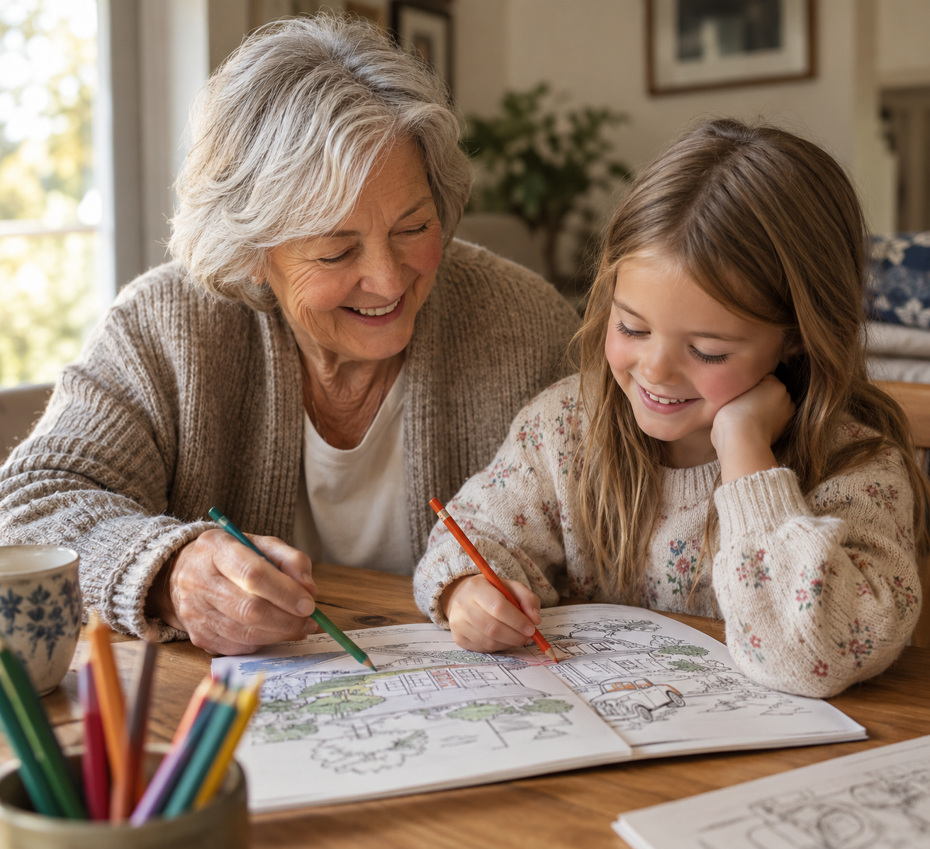 A grandmother and her granddaughter coloring a page together at the kitchen table